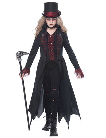 Vue de face avec canne du déguisement vampire gothique luxe pour fille