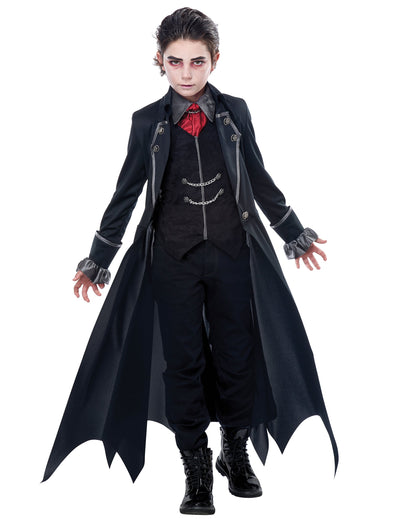 Déguisement vampire gothique luxe pour garçon noir et rouge avec chaînes argentées