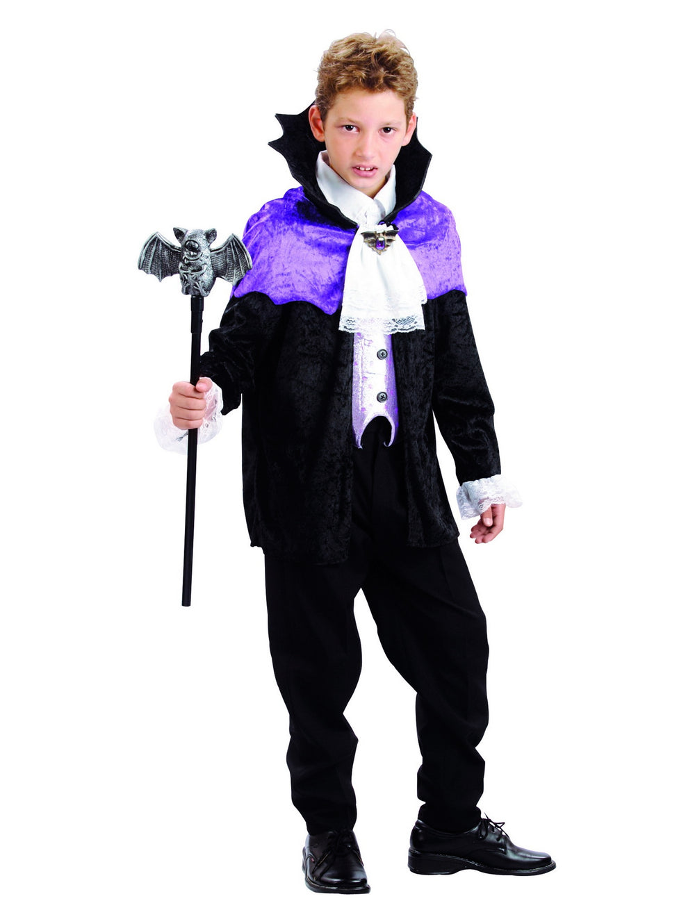 Déguisement vampire pour garçon noir et violet avec jabot blanc et cape à col haut