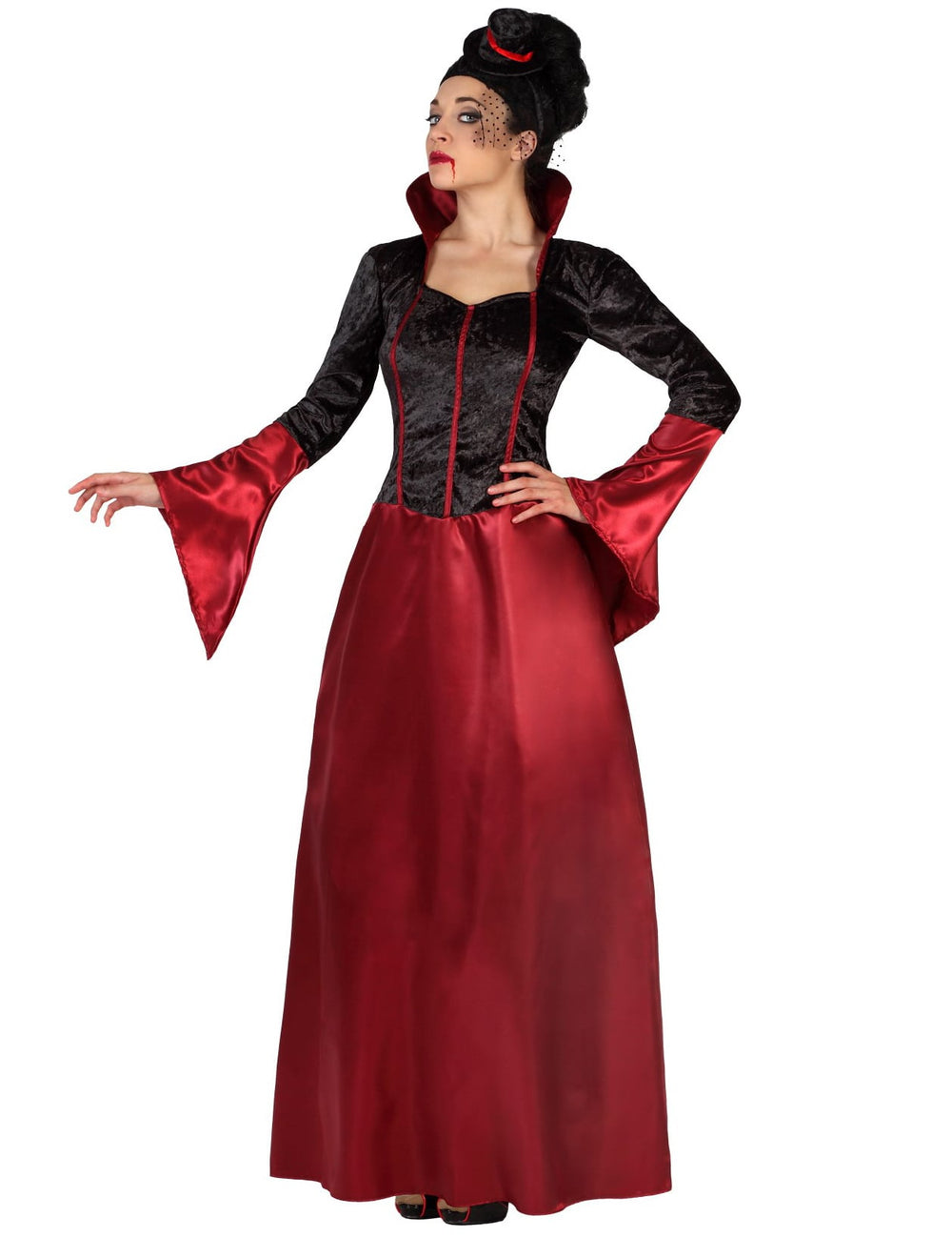 Déguisement de vampire pour femme rouge et noir à col montant