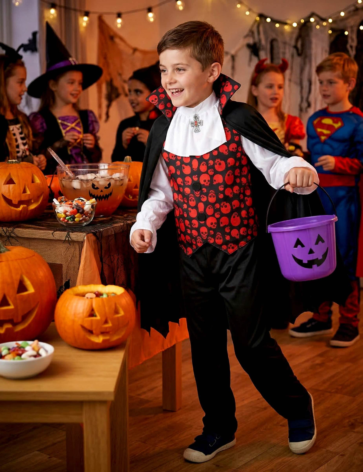 Vampire fiú piros jelmezben való bemutatása