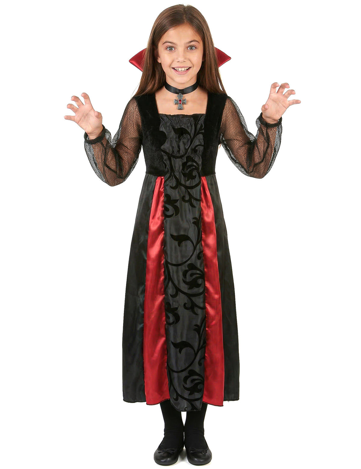 Déguisement Vampire satiné pour fille noir et rouge avec col et médaillon