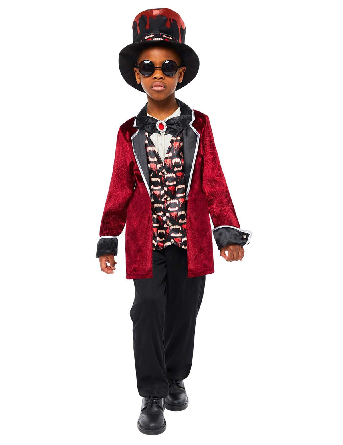 Déguisement de vampire satiné pour enfant rouge et noir avec chapeau haut de forme
