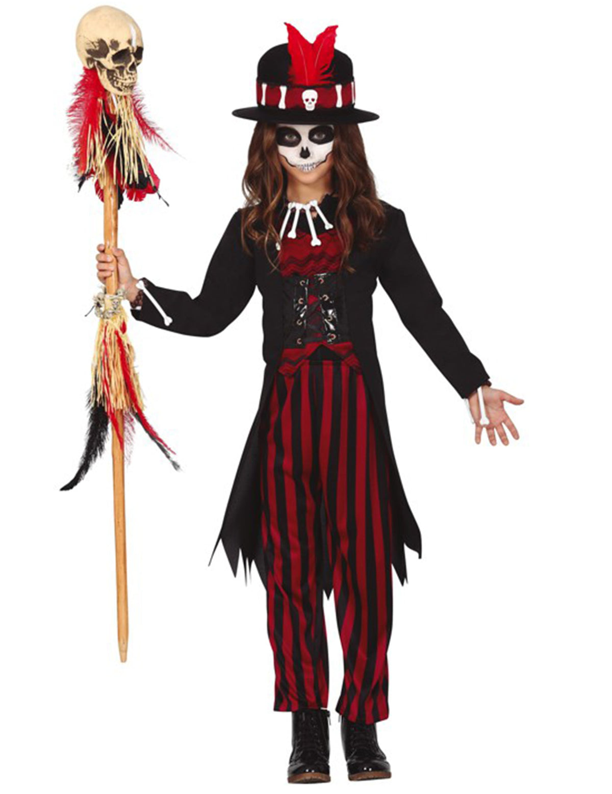 Déguisement vaudoo mystique pour fille noir et rouge avec chapeau et sceptre crâne