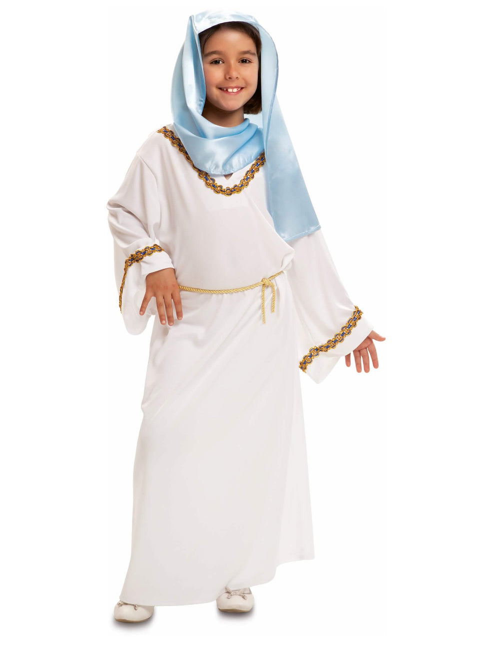 Szűz Mária jelmez lány fehér és kék arany övvel