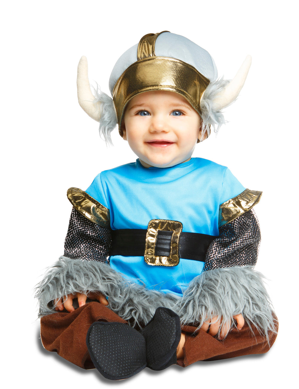 Déguisement viking pour bébé bleu et or avec casque à cornes