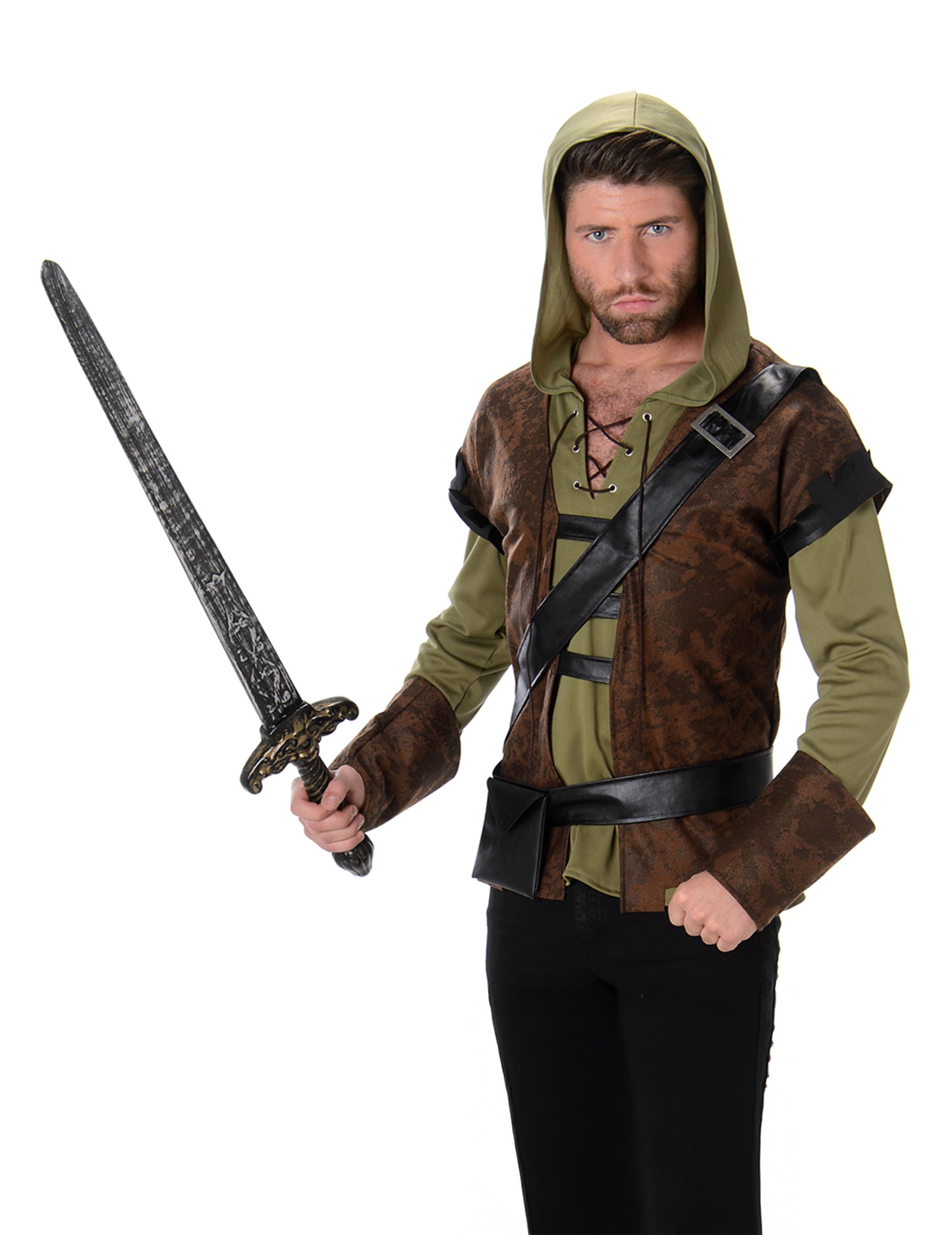 Vue de face avec épée du déguisement de voleur des bois pour homme