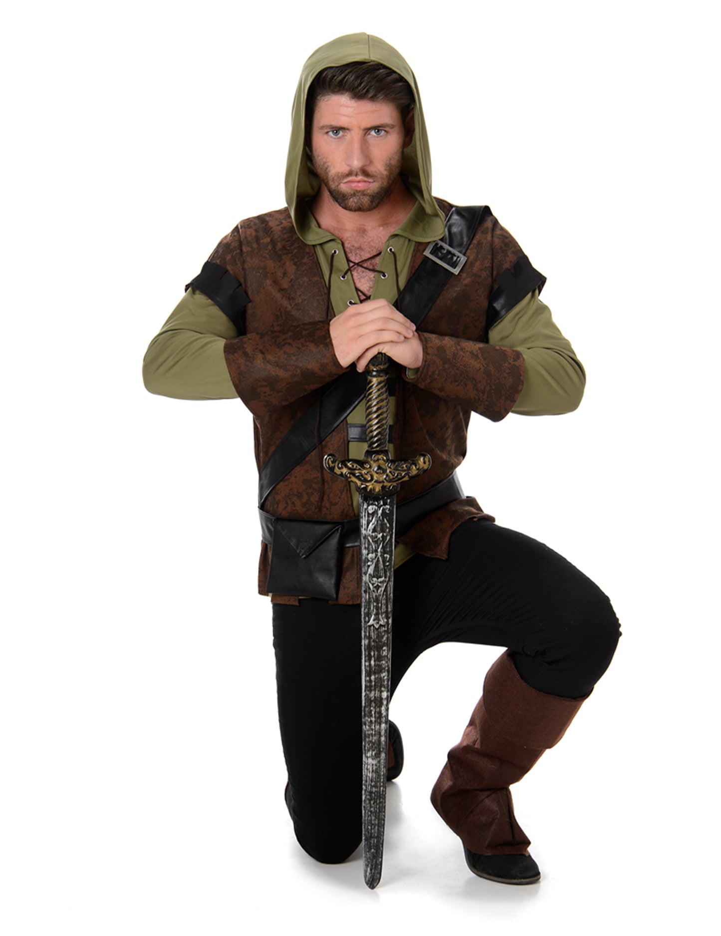Pose à genoux avec épée du déguisement de voleur des bois pour homme