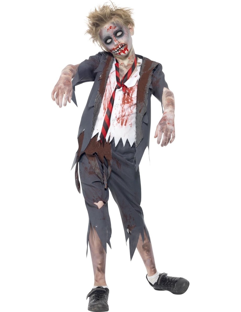 Déguisement de zombie écolier pour garçon gris et blanc ensanglanté