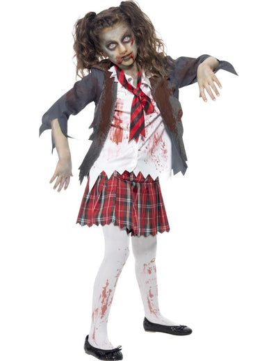 Déguisement de zombie écolière pour fille gris et rouge avec taches de sang
