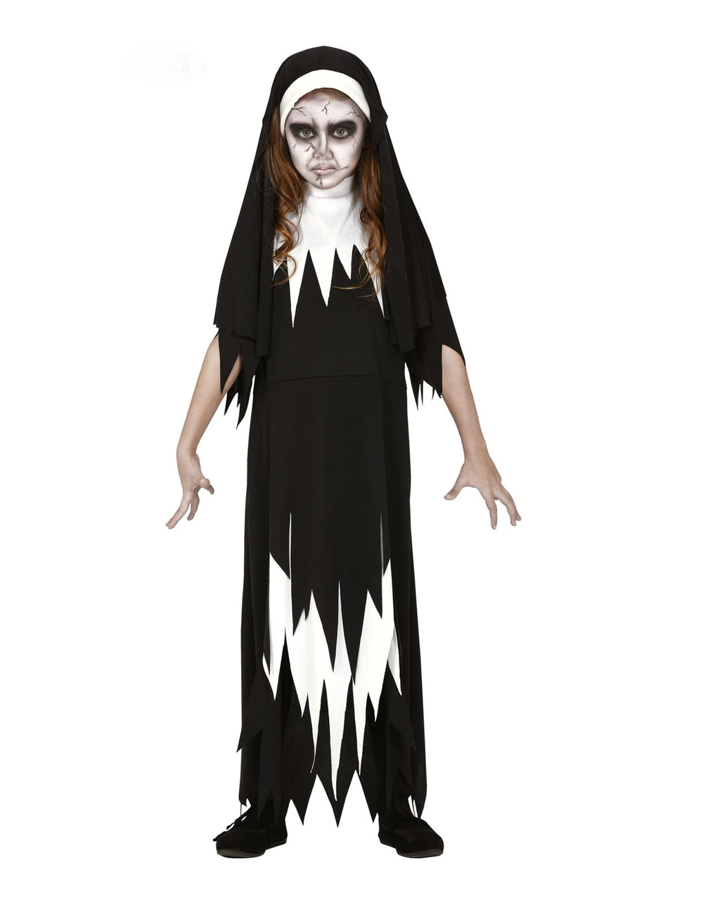 Déguisement zombie nonne pour fille noir et blanc avec bords dentelés