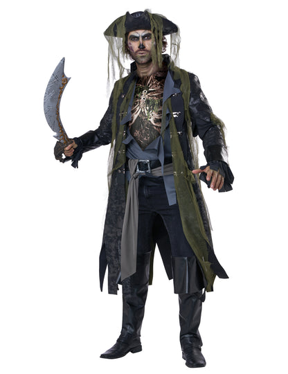 Déguisement pirate zombie luxe pour adulte gris et vert avec chapeau et sabre