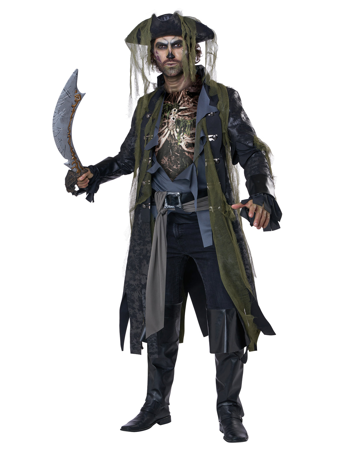 Déguisement pirate zombie luxe pour adulte gris et vert avec chapeau et sabre