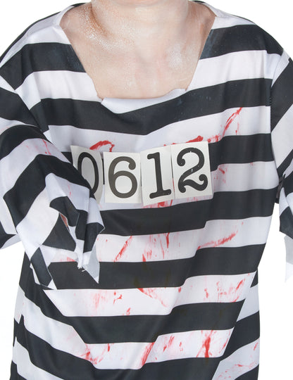 Déguisement de zombie prisonnier pour garçon à rayures noires et blanches ensanglanté