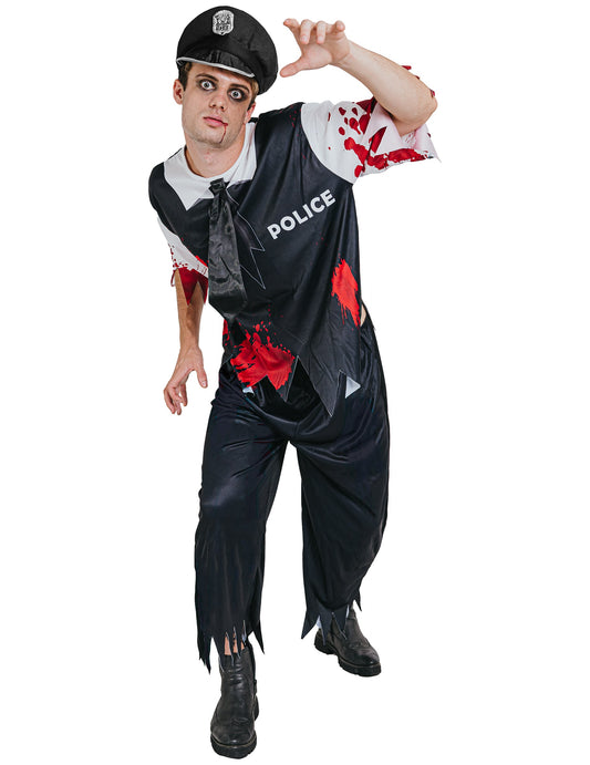Déguisement zombie sanglant policier pour homme noir et blanc avec taches de sang