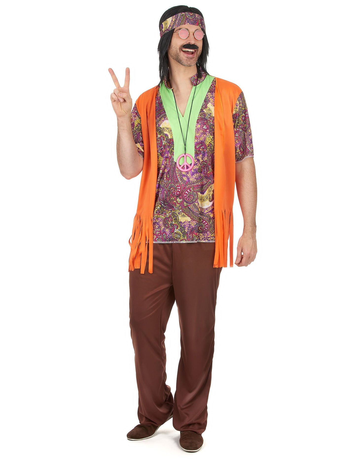 Déguisement hippie pour homme rose et marron avec gilet orange à franges
