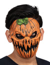 Demi-masque citrouille hantée pour adulte orange et noir avec feuille verte