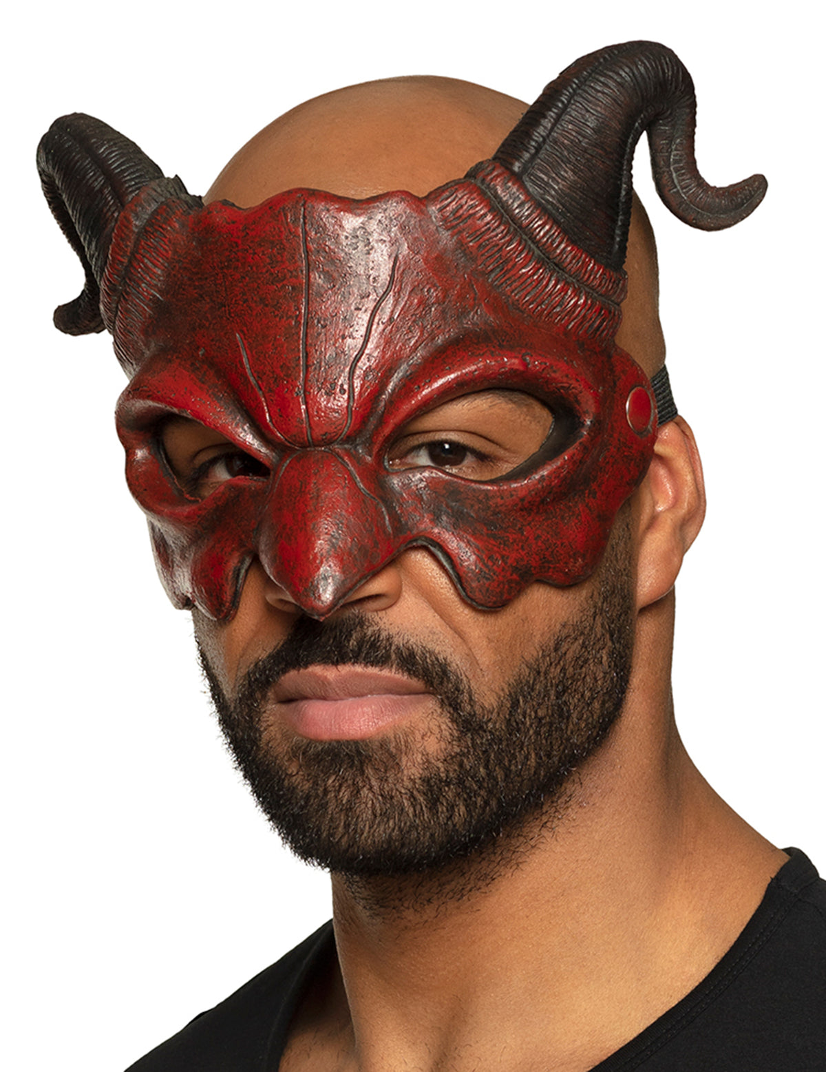 Demi-masque démon pour adulte rouge et noir avec cornes
