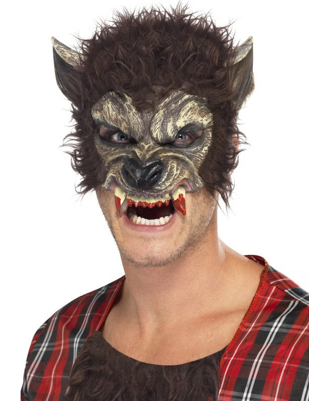 Demi masque loup garou pour adulte marron avec fourrure et dents ensanglantées