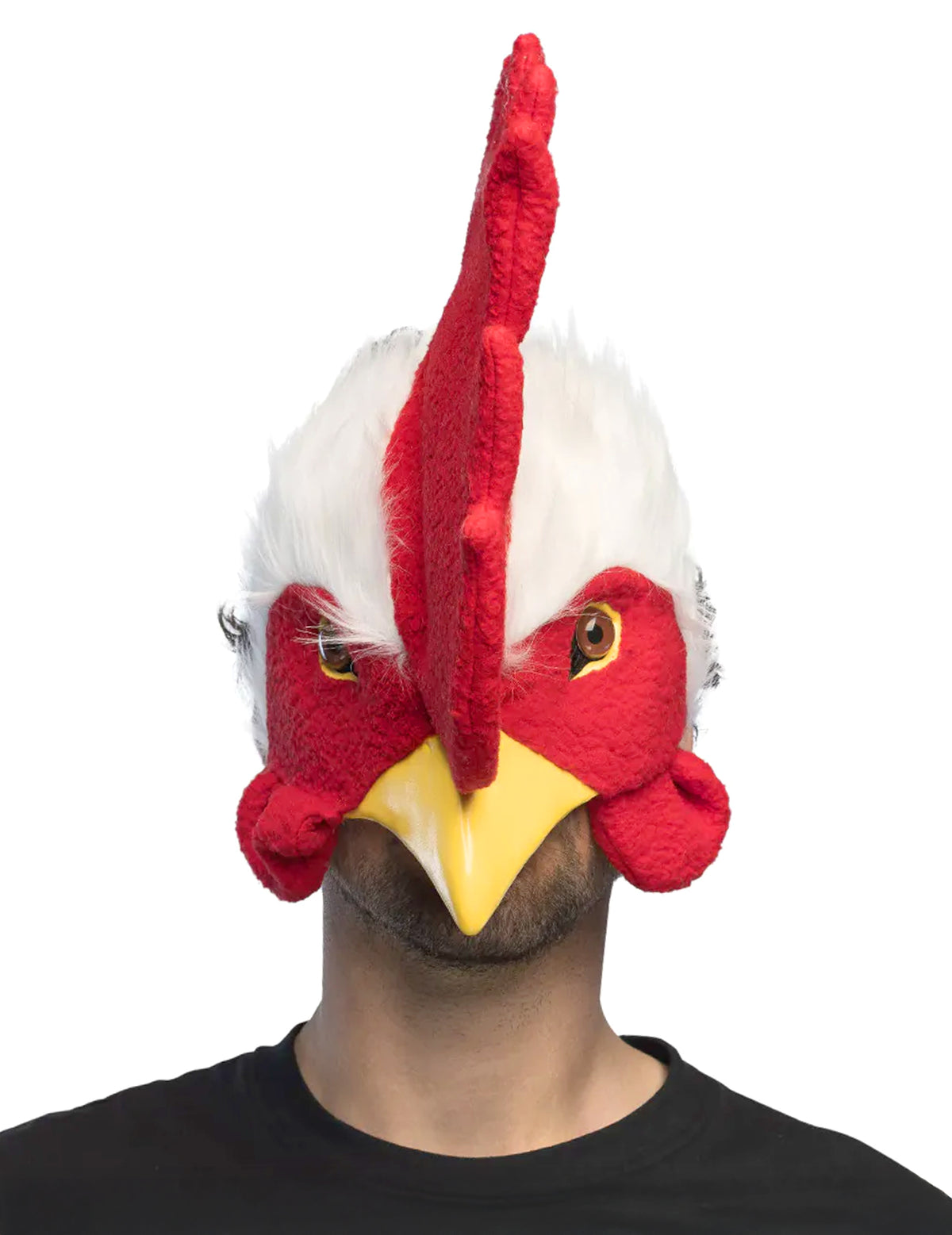 Demi-masque peluche coq pour adulte rouge et blanc avec bec jaune