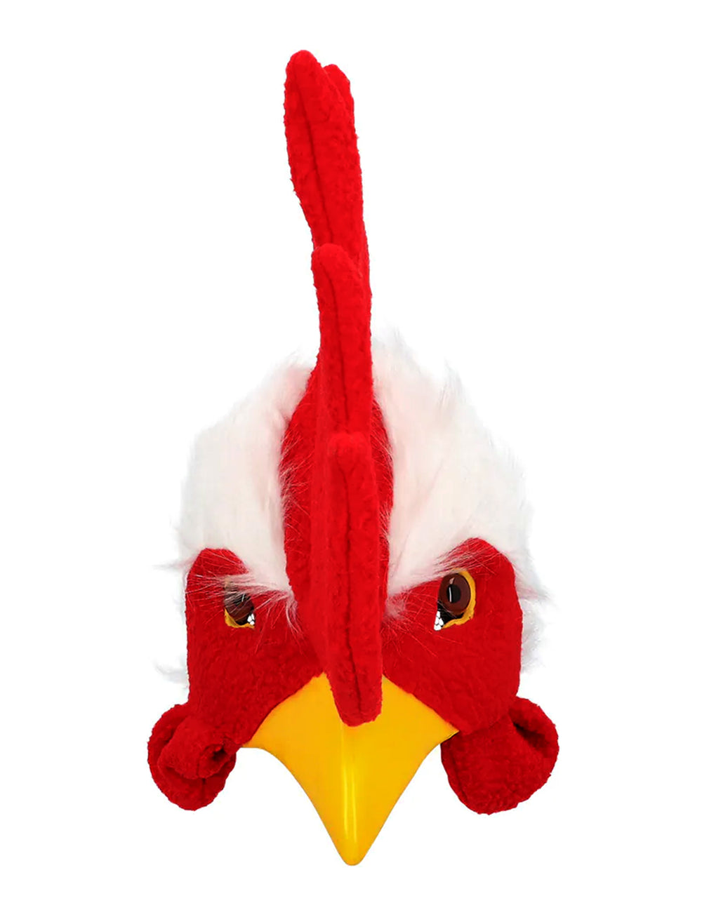 Vue de face du demi-masque peluche coq pour adulte