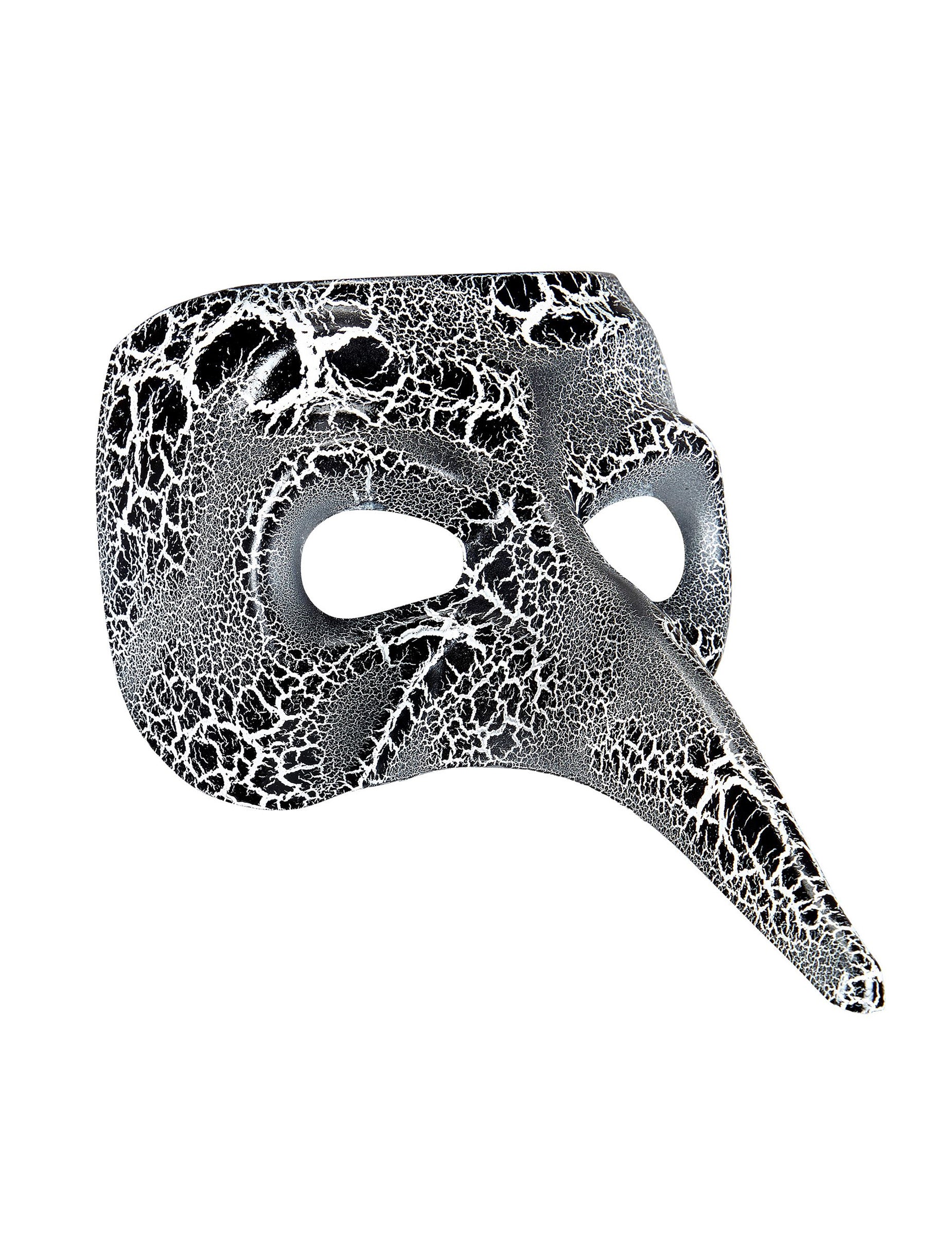Vue de trois-quarts du demi-masque vénitien à long nez effet craquelé