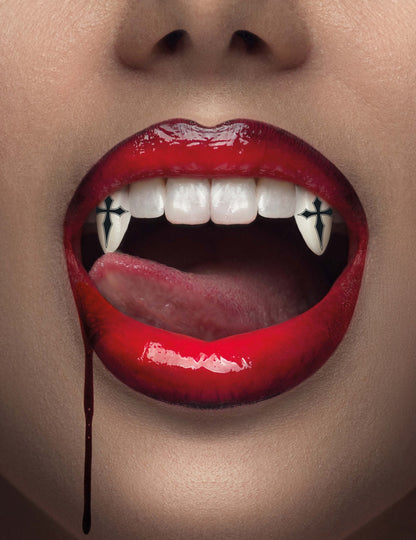 Dents de vampire avec croix gothiques pour adulte blanches et noires