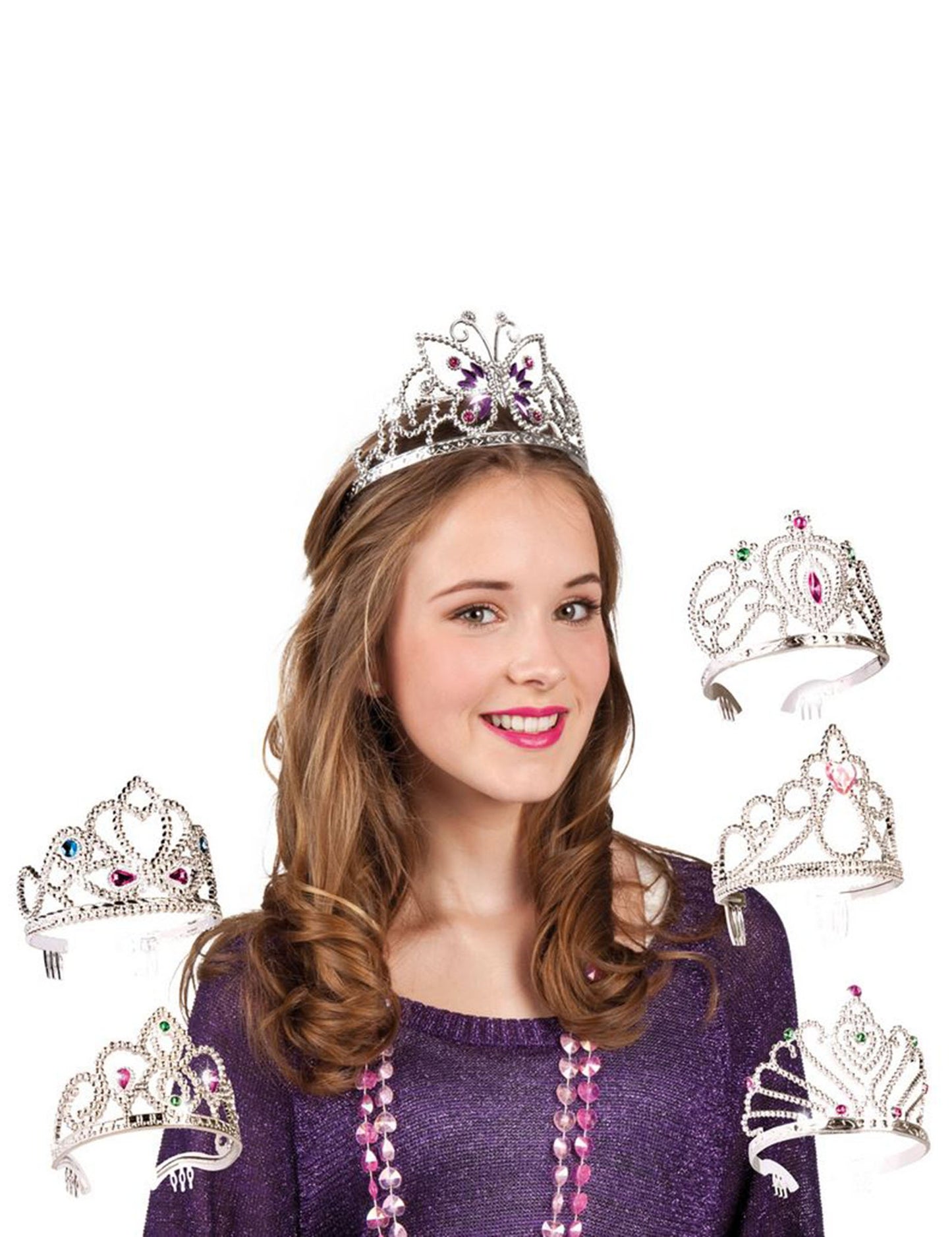 Ezüst hercegnő tiara gyermekeknek színes kövekkel