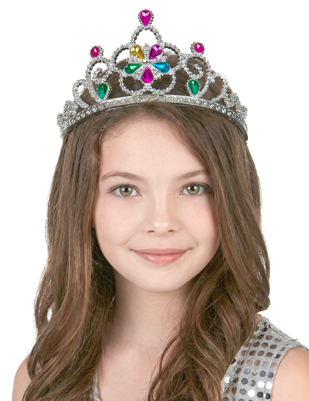 Diadème de princesse pour adulte et enfant argenté serti de pierres multicolores