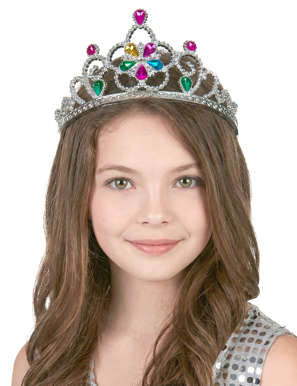 Diadème de princesse pour adulte et enfant argenté serti de pierres multicolores