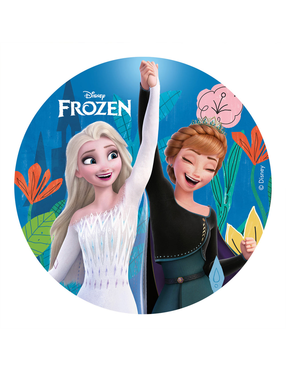 Disque azyme La Reine des Neiges bleu avec Elsa et Anna se tenant la main