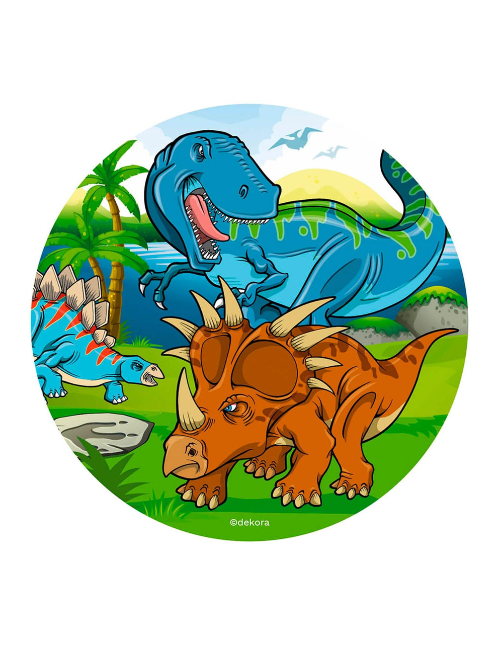 Dinoszaurusz ostyalap tortához kék és narancssárga T-Rex-szel