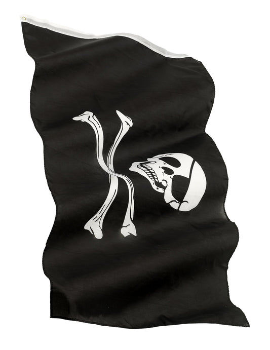 Drapeau pirate noir avec tête de mort de profil et os blancs