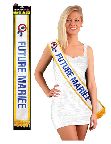 Echarpe de future mariée pour femme bleue et blanche à franges dorées