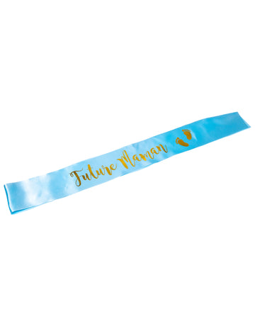 Kék és arany szatén kismamasál, 9,5 x 78 cm babaváró bulira