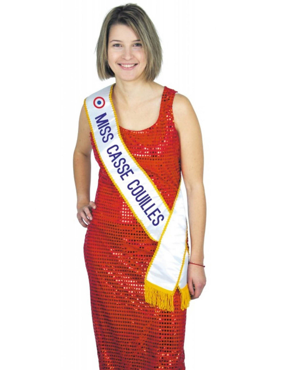 Humoros miss casse-couilles felnőtt fehér sál sárga szegéllyel és kokárdával