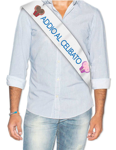 Echarpe métallisée addio al celibato pour homme blanche et bleue avec motifs humoristiques