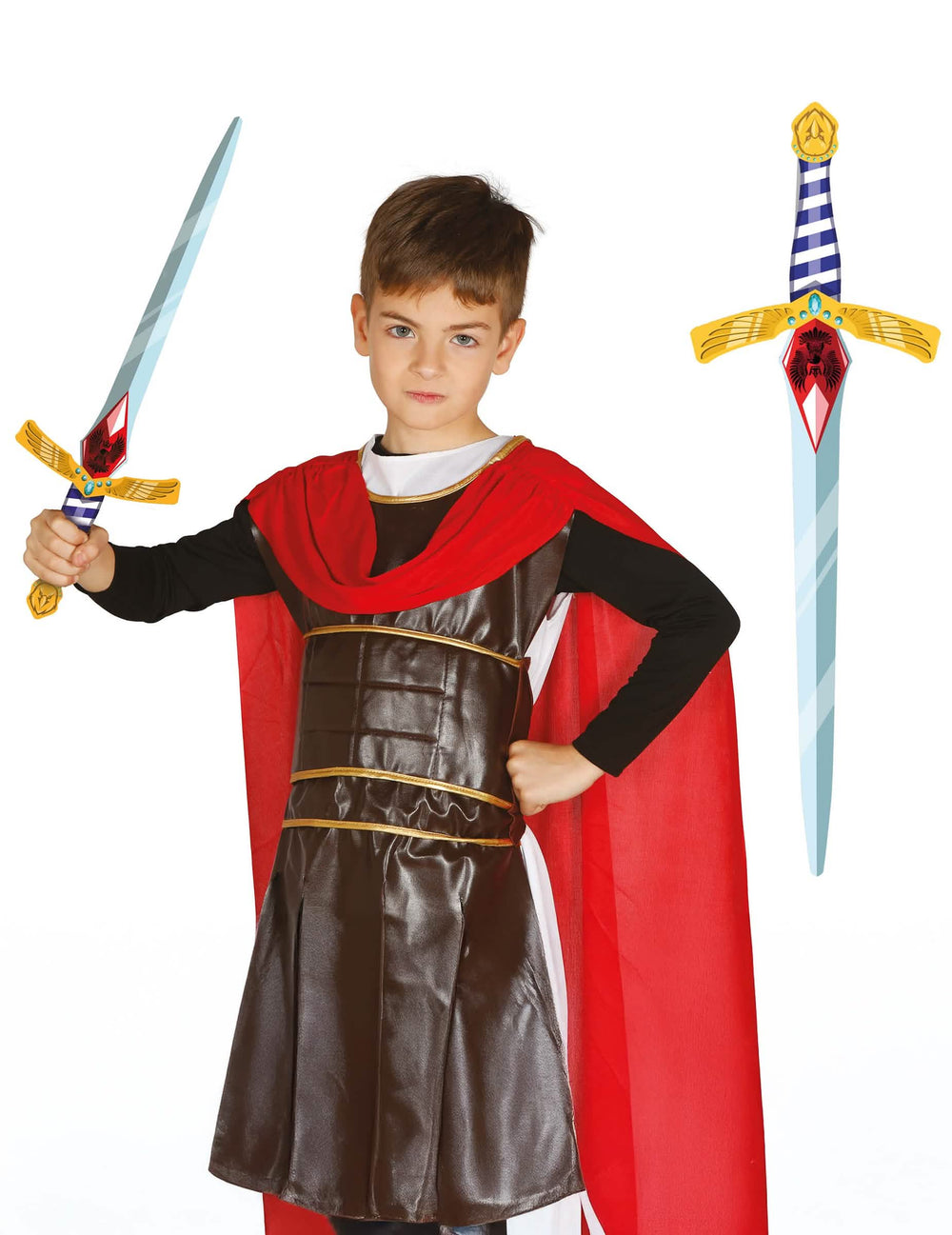 Epée de chevalier en mousse pour enfant bleue et dorée avec blason rouge