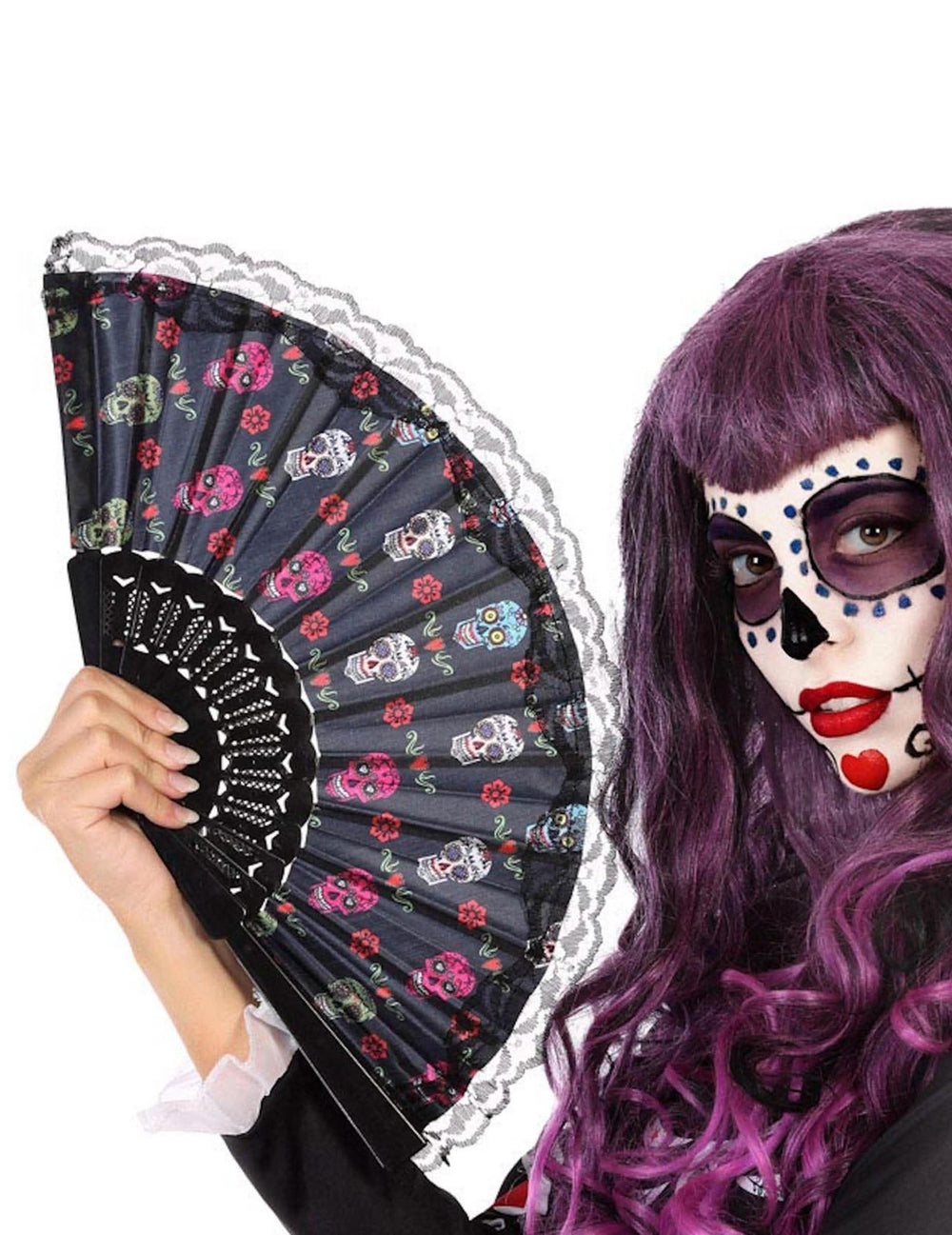 Csipkés legyező Dia de los muertos felnőtt fekete színes koponyamintával