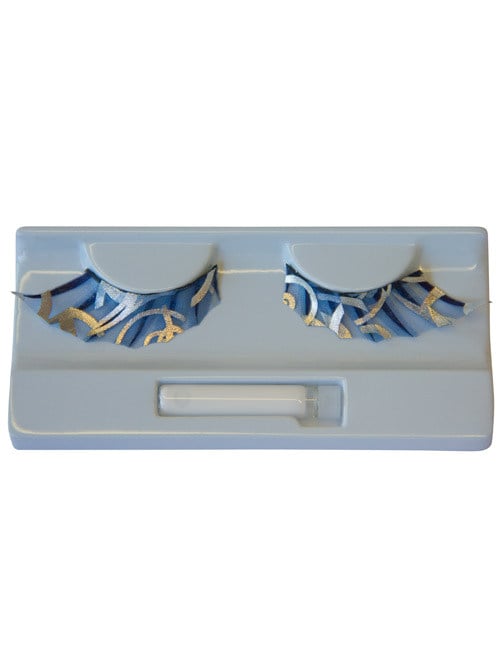 Faux cils festifs pour adulte bleus avec motifs dorés et argentés