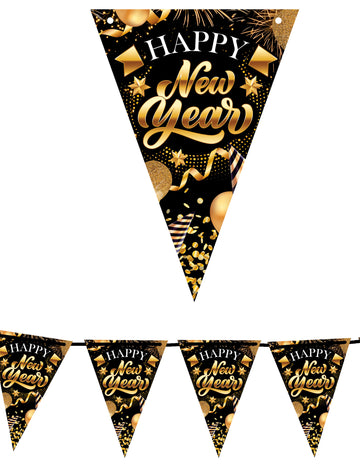 3 m-es fekete és arany Boldog Új Évet Karton Zászlófüzér