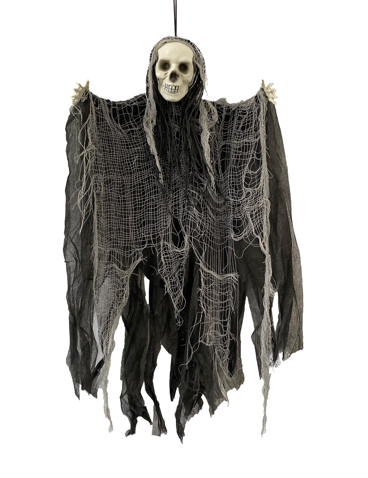 Faucheur suspendu effrayant pour Halloween noir et gris avec voile en lambeaux