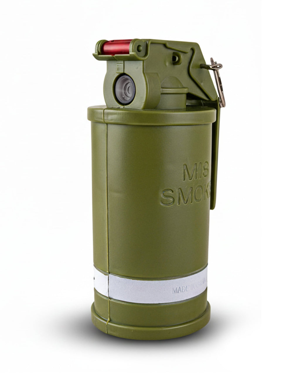 Détail du sommet et de la goupille de la fausse grenade avec fumée son et lumière