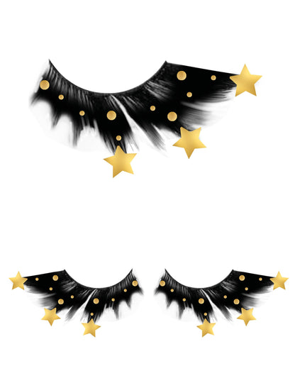 Vue d'ensemble des faux-cils noirs avec étoiles dorées pour adulte