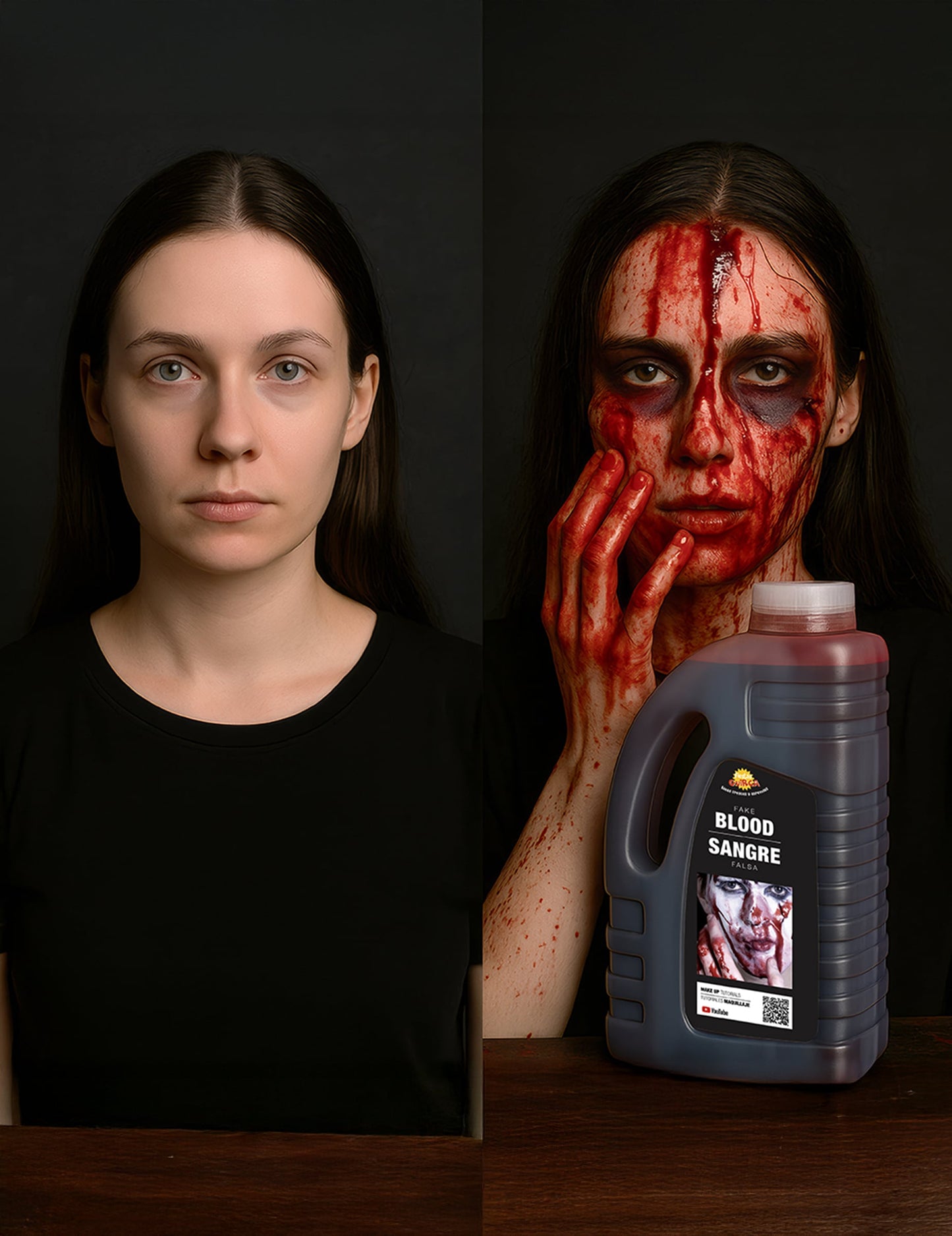 Comparaison avant et après application du faux sang Halloween