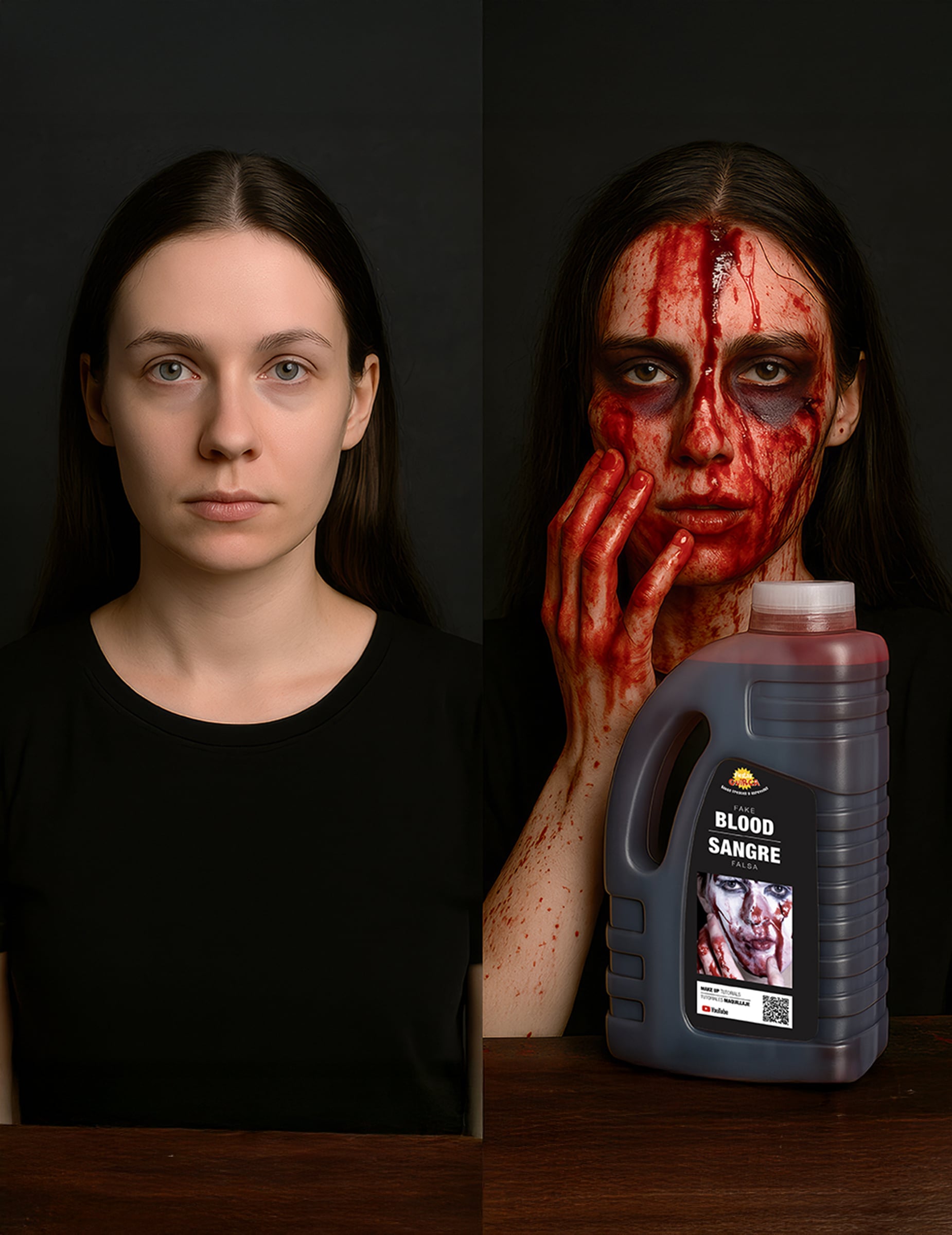 Comparaison avant et après application du faux sang Halloween