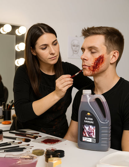 Application au pinceau sur le visage du faux sang Halloween pour adulte