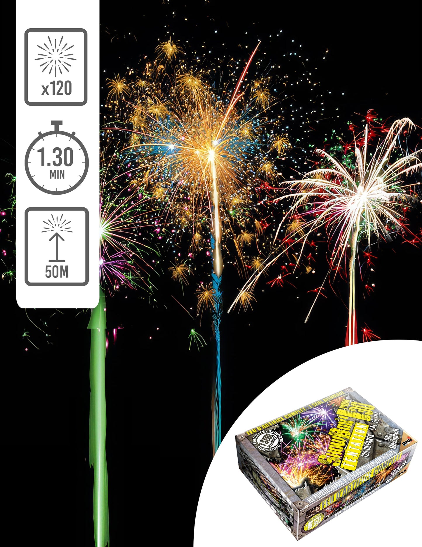 Feu d'artifice Showbox Tentation pour particulier 120 tirs 90 secondes multicolore