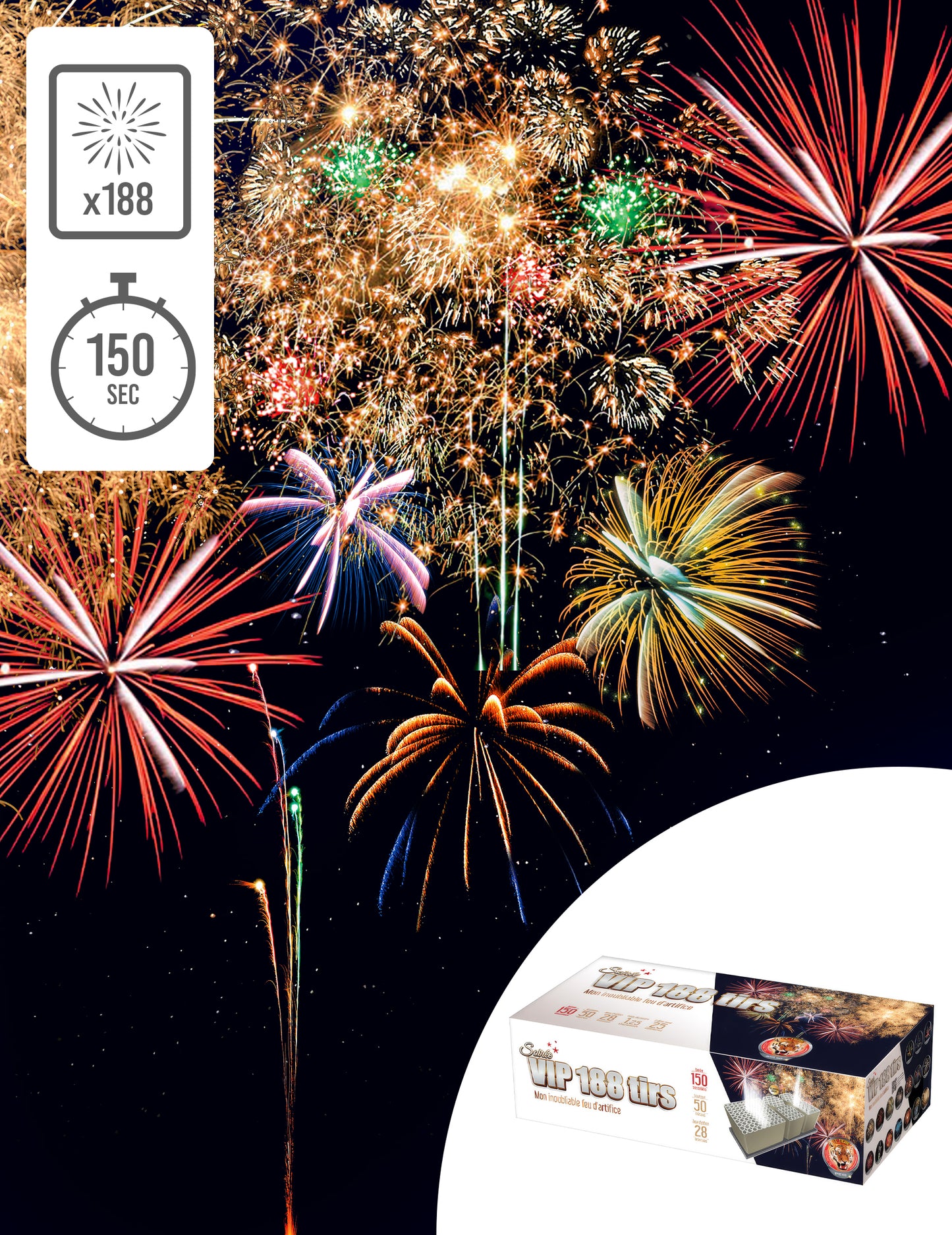 Feu d'artifice Soirée VIP pour fête multicolore 188 tirs 150 secondes