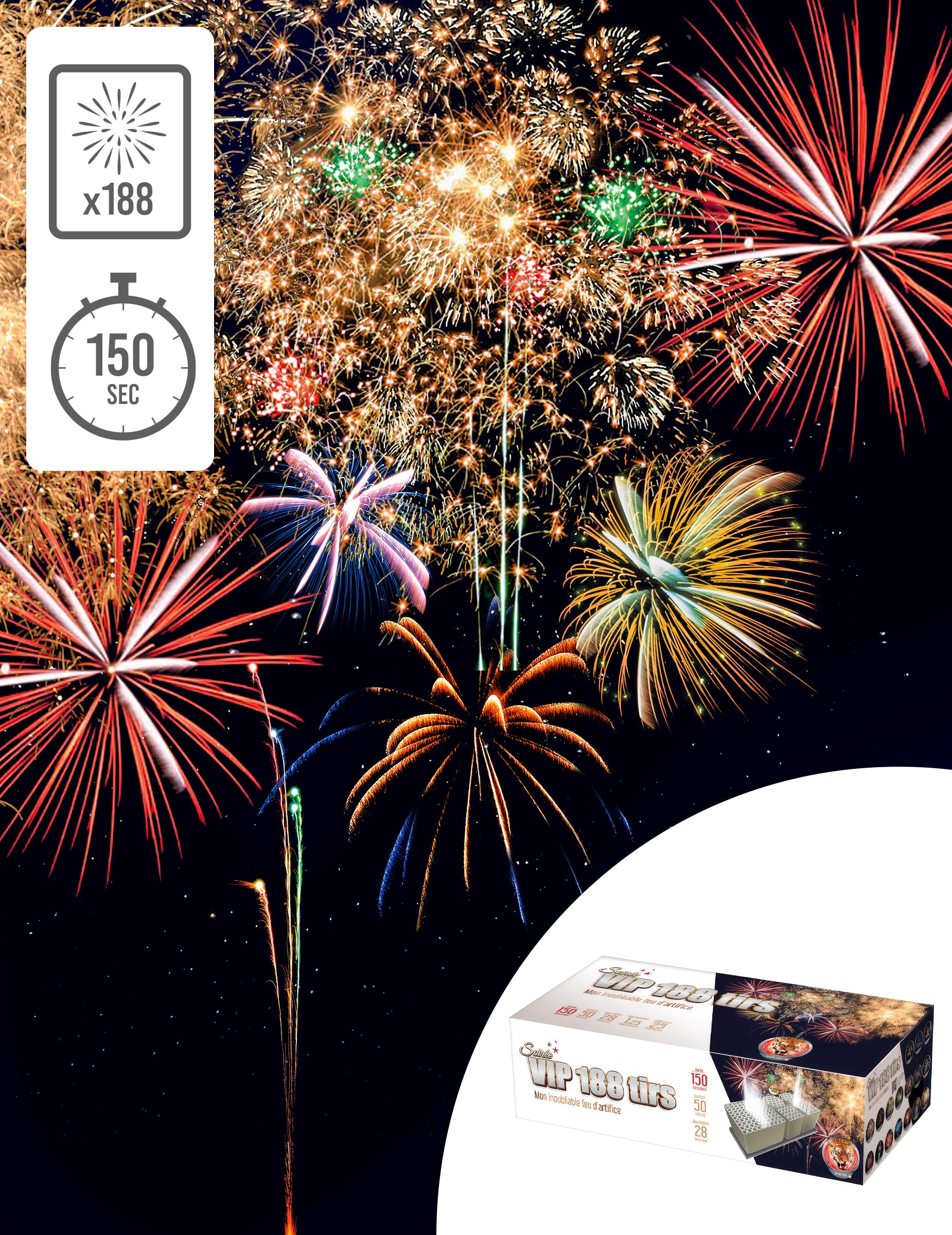 Feu d'artifice Soirée VIP pour fête multicolore 188 tirs 150 secondes